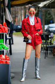 black and white bag, braids, graphic bag, high boots, high heels, leather bag, leather shoes, necklace, printed bag, red belt, red jacket, red romper, shiny shoes, silver shoes, sunglasses, turtleneck sweater, white sweater, yuwei zhangzou, MILAN, MFW, fashion week, frenchystyle, FW, jonathan paciullo, street style, AUTUMN WINTER 2019-2020, AW 19-20, FALL WINTER 2019-2020, FW 19-20, vertical, full length