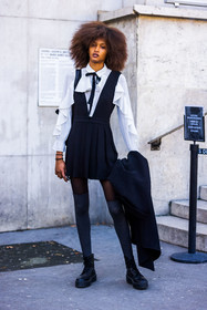 black boots, black dress, boots, dress, grey socks, high socks, necktie, pleated dress, ruffles, shirt, white blouse, white shirt, street style, jonathan paciullo, FW, frenchystyle, fashion week, PFW, PARIS, SPRING SUMMER 2022, SS 22, vertical, full length, model