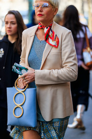 blazer, blue bag, elisa nalin, graphic skirt, grey sweater, leather bag, pink jacket, printed skirt, red scarf, sunglasses, MILAN, MFW, fashion week, frenchystyle, FW, jonathan paciullo, street style, AUTUMN WINTER 2019-2020, AW 19-20, FALL WINTER 2019-2020, FW 19-20, vertical, atmosphere details, detail