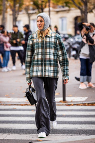 bag, balaclava, beanie, black bag, cagoule, Camille Charrière, checked jacket, flare pants, green jacket, grey hat, grey pants, hat, hermes bag, jacket, large pants, leather bag, pants, print, sneakers, tartan print, white sneakers, wool beanie, zipped jacket, fashion week, frenchystyle, FW, jonathan paciullo, street style, PFW, PARIS, SPRING SUMMER 2022, SS 22, vertical, full length