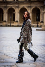 bag, bermuda, black boots, blazer, boots, Erika Boldrin, grey bermuda, grey blazer, high boots, leather boots, louis vuitton look, print, printed blazer, round bag, white bag, fashion week, frenchystyle, FW, jonathan paciullo, street style, PFW, PARIS, SPRING SUMMER 2022, SS 22, vertical, full length