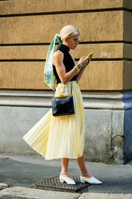 black bag, black top, blue scarf, caro daur, earrings, headscarf, leather bag, pleated skirt, sunglasses, yellow skirt, black bag, black top, caro daur, earrings, leather bag, leather shoes, pleated skirt, sunglasses, white shoes, yellow skirt, fashion week, frenchystyle, FW, jonathan paciullo, street style, MFW, MILAN, SPRING SUMMER 2019, SS 19, vertical, full length