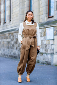 AUTUMN WINTER 2017-2018, AW 17-18, beige jumpsuit, beige overall, camel shoes, céline, earrings, FALL WINTER 2017-2018, fashion week, frenchystyle, full length, FW, FW 17-18, high heels, jonathan paciullo, leather shoes, PARIS, PFW, rachael wang, street style, trousers, vertical, white shirt