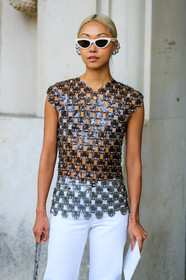 céline, earrings, graphic top, metallic top, paco rabanne, sunglasses, trousers, vanessa hong, white pants, PARIS, PFW, street style, jonathan paciullo, FW, frenchystyle, fashion week, AUTUMN WINTER 2019-2020, AW 19-20, FALL WINTER 2019-2020, FW 19-20, vertical, atmosphere details, detail