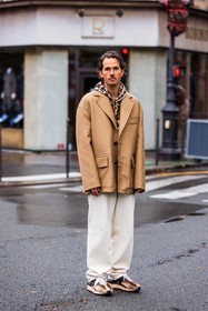beige blazer, beige sneakers, blazer, brown scarf, denim, Jean Sebastien Roques, lanvin look, large pants, menswear, orange scarf, pants, print, printed scarf, scarf, sneakers, white denim, white pants, fashion week, frenchystyle, FW, jonathan paciullo, street style, PFW, PARIS, SPRING SUMMER 2022, SS 22, vertical, full length