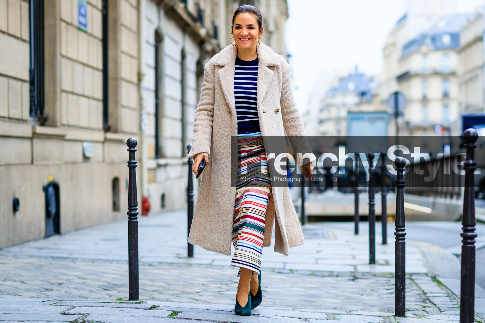 atmosphere details, AUTUMN WINTER 2017-2018, AW 17-18, beige coat, blue sweater, FALL WINTER 2017-2018, fashion week, frenchystyle, full length, Fur coat, FW, FW 17-18, graphic skirt, graphic sweater, green shoes, high heels, horizontal, jonathan paciullo, laure heriard dubreuil, leather shoes, multicolor skirt, PARIS, PFW, street style, striped skirt, stripes