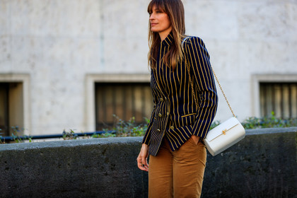 blazer, camel pants, caroline de maigret, corduroy, graphic jacket, leather bag, navy jacket, printed jacket, striped jacket, trousers, white bag, PARIS, PFW, street style, jonathan paciullo, FW, frenchystyle, fashion week, AUTUMN WINTER 2019-2020, AW 19-20, FALL WINTER 2019-2020, FW 19-20, horizontal, atmosphere details, detail