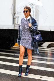 AUTUMN WINTER 2016-2017, AW 16-17, blue bag, blue boots, blue coat, blue dress, camila coelho, checked coat, embroidered dress, fashion week, frenchystyle, full length, FW, FW 16-17, graphic dress, high heels, jonathan paciullo, leather bag, leather boots, louis vuitton, NEW YORK, NYFW, pink heels, plaid, printed dress, street style, studs, suede bag, sunglasses, umbrella, vertical, white collar, woman, wool coat