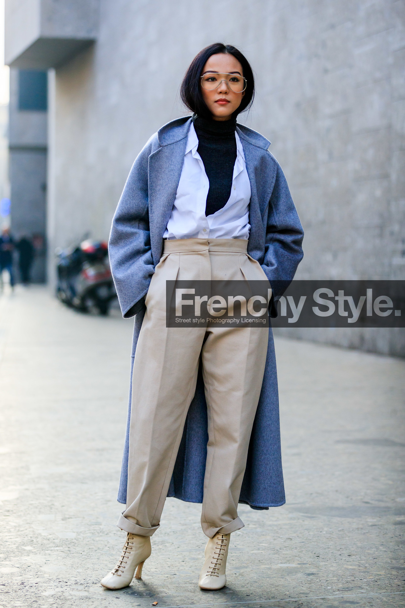 beige boots, beige pants, black turtleneck, céline, grey coat, high heels, leather shoes, sunglasses, trousers, white shirt, yoyo cao, fashion week, frenchystyle, FW, jonathan paciullo, street style, MFW, MILAN, AUTUMN WINTER 2019-2020, AW 19-20, FALL WINTER 2019-2020, FW 19-20, vertical, full length