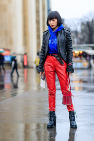 AUTUMN WINTER 2017-2018, AW 17-18, black belt, black jacket, black perfecto, black shoes, blue sweater, FALL WINTER 2017-2018, fashion week, frenchystyle, full length, FW, FW 17-18, high heels, hoodie, jonathan paciullo, leather belt, leather jacket, leather pants, leather perfecto, leather shoes, mademoiselle yulia, PARIS, PFW, red bag, red pants, street style, trousers, vertical