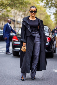 Amina Muaddi, bag, black coat, black heels, black sunglasses, black t-shirt, camel bag, coat, flare pants, grey pants, leather bag, mini bag, pants, rectangle sunglasses, suede pants, sunglasses, t-shirt, street style, jonathan paciullo, FW, frenchystyle, fashion week, PFW, PARIS, SPRING SUMMER 2022, SS 22, vertical, full length