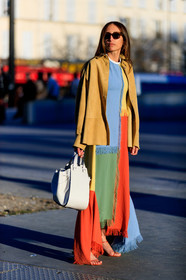 camel jacket, chloe loulou de saison, graphic dress, leather bag, leather shoes, loewe, multicolor dress, patchwork, printed dress, red shoes, sunglasses, the row, white bag, PARIS, PFW, street style, jonathan paciullo, FW, frenchystyle, fashion week, AUTUMN WINTER 2019-2020, AW 19-20, FALL WINTER 2019-2020, FW 19-20, vertical, full length