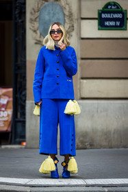 black sunglasses, blue boots, blue jacket, blue pants, boots, Candela Novembre, color, culotte, electric blue, jacket, leather boots, leather jacket, leather pants, pants, pompon, statement boots, sunglasses, street style, jonathan paciullo, FW, frenchystyle, fashion week, PFW, PARIS, SPRING SUMMER 2022, SS 22, vertical, full length
