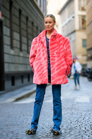 blue denim, denim pants, floral, flowers, fur jacket, graphic jacket, jeans, leather shoes, pink fur, pink jacket, printed jacket, printed shoes, stripes, thora valdimars, trousers, MILAN, MFW, fashion week, frenchystyle, FW, jonathan paciullo, street style, AUTUMN WINTER 2019-2020, AW 19-20, FALL WINTER 2019-2020, FW 19-20, vertical, full length