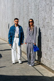 alice & j.s, black and white, blazer, blue bag, blue jacket, denim pants, graphic jacket, graphic pants, graphic suit, jacquemus, jeans, leather bag, leather shoes, printed jacket, printed pants, printed suit, sunglasses, trousers, velvet, white bag, white denim, white shoes, white sneakers, white t shirt, MILAN, MFW, fashion week, frenchystyle, FW, jonathan paciullo, street style, AUTUMN WINTER 2019-2020, AW 19-20, FALL WINTER 2019-2020, FW 19-20, vertical, full length