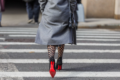 atmosphere details, AUTUMN WINTER 2016-2017, AW 16-17, belted coat, black heels, christian louboutin, detail, FALL WINTER 2016-2017, fashion week, fishnet, frenchystyle, FW, FW 16-17, grey coat, high heels, horizontal, jonathan paciullo, Lainy Hedaya, NEW YORK, NYFW, street style, suede shoes, sunglasses, tights, woman