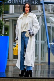 AUTUMN WINTER 2017-2018, AW 17-18, black shoes, blue denim, denim pants, FALL WINTER 2017-2018, fashion week, frenchystyle, full length, FW, FW 17-18, high heels, jeans, jonathan paciullo, leather bag, leather shoes, loewe, PARIS, PFW, plaid, street style, tartan, Tiffany Hsu, trench coat, trousers, vertical, white coat, white sweater, yellow bag