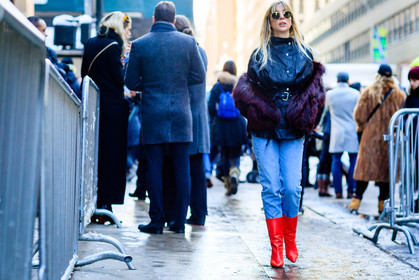 aamito stacie lagum, atmosphere details, AUTUMN WINTER 2017-2018, AW 17-18, black jacket, black perfecto, blue denim, denim pants, earrings, FALL WINTER 2017-2018, fashion week, frenchystyle, full length, fur jacket, FW, FW 17-18, high heels, horizontal, jeans, jonathan paciullo, kerry pieri, leather boots, leather jacket, leather perfecto, NEW YORK, NYFW, purple fur, purple jacket, red boots, street style, sunglasses, trousers