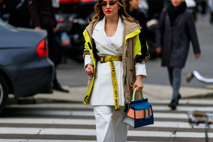 beige jacket, black bag, graphic jacket, leather bag, off white, printed jacket, red lips, sunglasses, trousers, white jacket, white pants, white suit, yellow belt, MILAN, MFW, fashion week, frenchystyle, FW, jonathan paciullo, street style, AUTUMN WINTER 2019-2020, AW 19-20, FALL WINTER 2019-2020, FW 19-20, atmosphere details, detail, horizontal