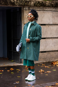 check, checked coat, coat, green coat, green socks, green sunglasses, lacoste look, oversize sunglasses, printed coat, sneakers, socks, sunglasses, white sneakers, lacoste, fashion week, frenchystyle, FW, jonathan paciullo, street style, PFW, PARIS, SPRING SUMMER 2022, SS 22, vertical, full length