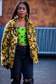 denim, destroyed denim, dots, earrings, green top, grey denim, jacket, pearl earrings, printed jacket, printed top, Rajni Lucienne Jacques, top, yellow jacket, street style, jonathan paciullo, FW, frenchystyle, fashion week, PFW, PARIS, SPRING SUMMER 2022, SS 22, vertical, atmosphere details