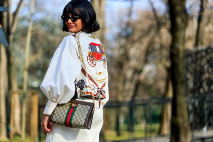 brown bag, drawings, graphic bag, graphic jacket, gucci, leather bag, maria bernad, monogram, printed bag, printed jacket, sunglasses, trousers, white jacket, white pants, MILAN, MFW, fashion week, frenchystyle, FW, jonathan paciullo, street style, AUTUMN WINTER 2019-2020, AW 19-20, FALL WINTER 2019-2020, FW 19-20, atmosphere details, detail, horizontal