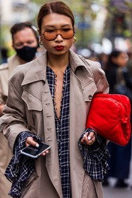 aviator sunglasses, bag, beige coat, black and white, black dress, check, checked dress, coat, dress, leather bag, leather pouch, pouch, print, printed dress, red bag, Rosana Lai, sunglasses, street style, jonathan paciullo, FW, frenchystyle, fashion week, PFW, PARIS, SPRING SUMMER 2022, SS 22, vertical, atmosphere details