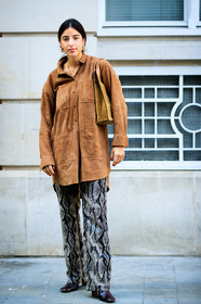 animal print, bettina looney, black shoes, brown boots, brown shirt, camel bag, earrings, graphic pants, grey pants, leather bag, leather shoes, necklace, printed pants, snake print, suede bag, trousers, fashion week, frenchystyle, FW, jonathan paciullo, street style, LFW, LONDON, AUTUMN WINTER 2019-2020, AW 19-20, FW 19-20, FALL WINTER 2019-2020, vertical, full length