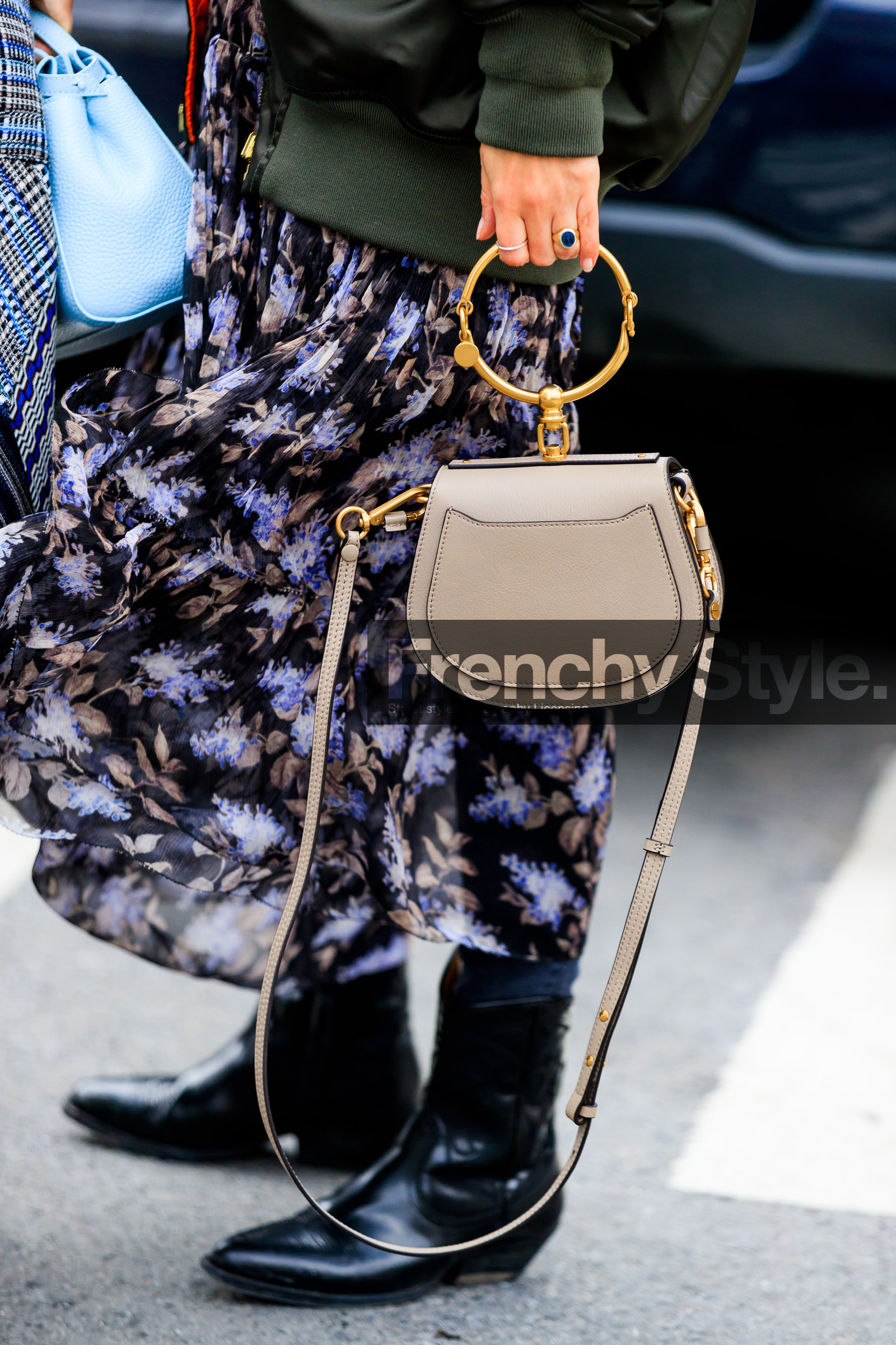 AUTUMN WINTER 2017-2018, AW 17-18, beige bag, black boots, black shoes, bomber jacket, chloe, detail, FALL WINTER 2017-2018, fashion week, floral, flower, frenchystyle, FW, FW 17-18, golden details, green jacket, jonathan paciullo, leather bag, leather shoes, NEW YORK, NYFW, printed skirt, purple skirt, street style, vertical