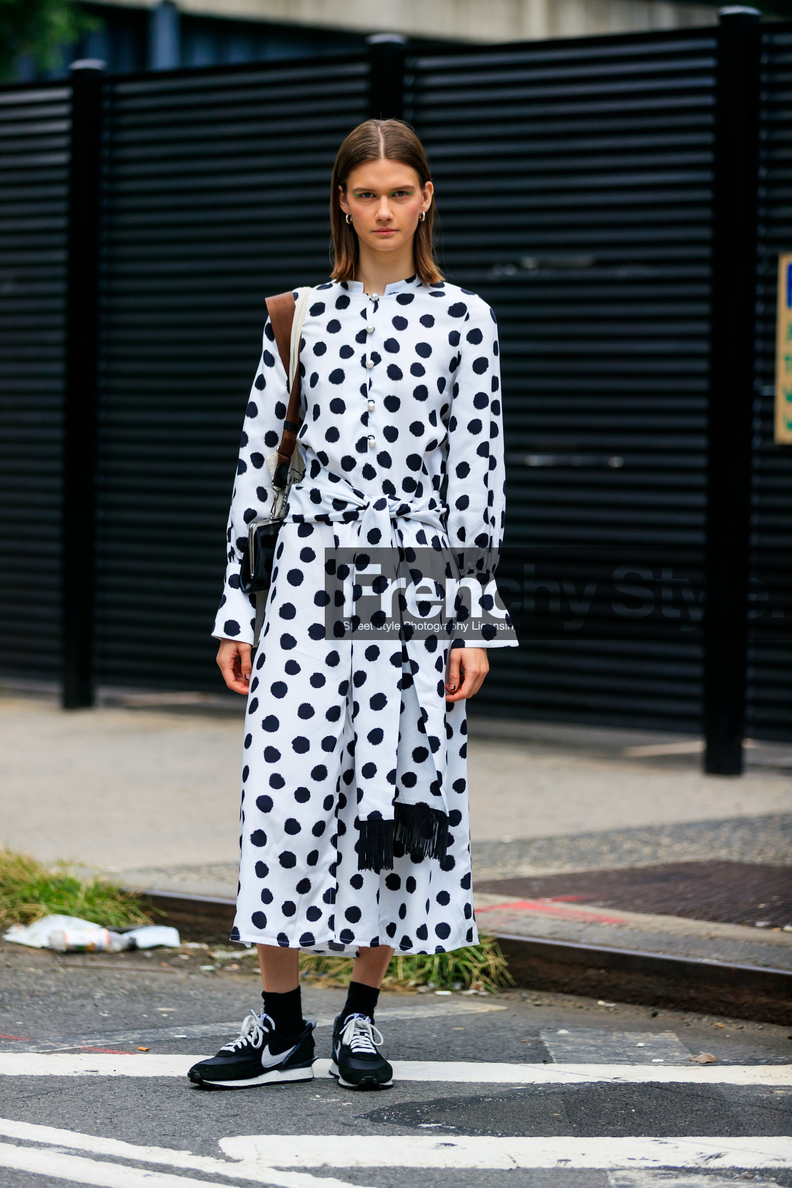 black and white, black shoes, Daniela Kocianova, graphic dress, leather shoes, model, nike, polka dot, printed dress, white dress, street style, jonathan paciullo, FW, frenchystyle, fashion week, NEW YORK, NYFW, SPRING SUMMER 2020, SS 20, vertical, full length