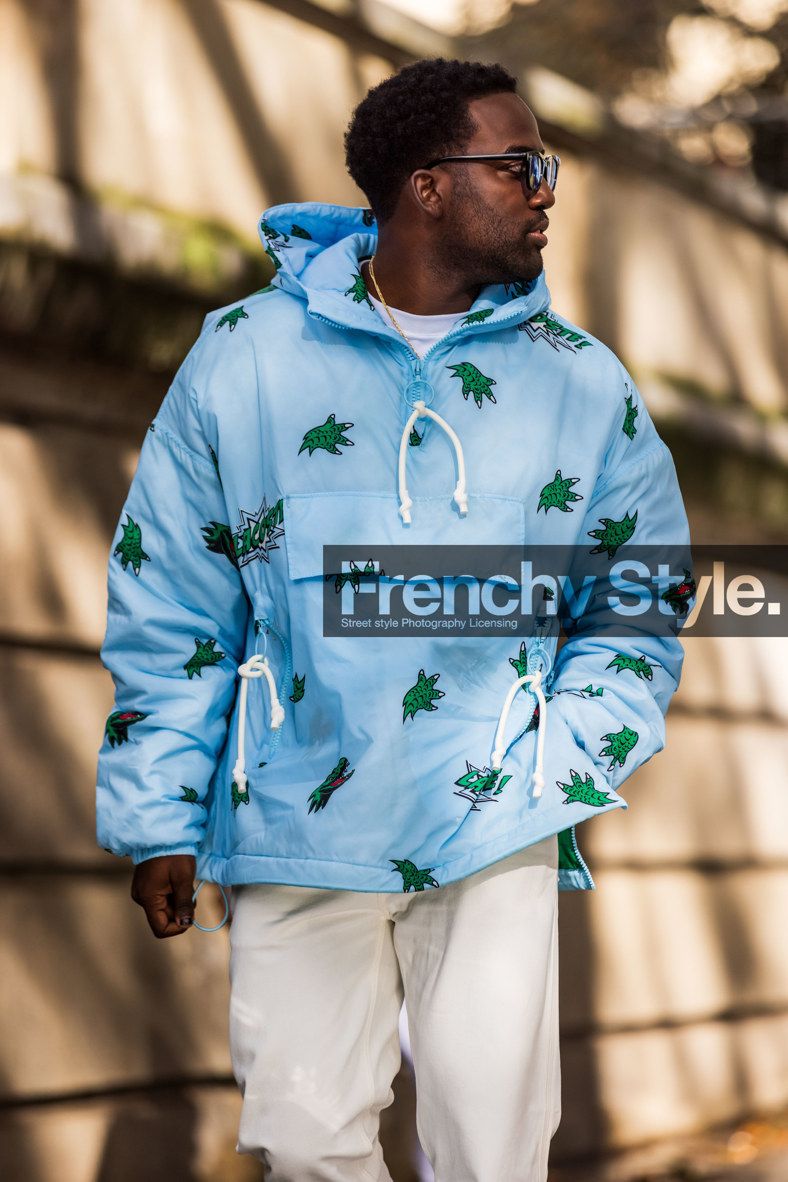 blue jacket, jacket, lacoste look, menswear, pants, printed jacket, track jacket, white pants, lacoste, fashion week, frenchystyle, FW, jonathan paciullo, street style, PFW, PARIS, SPRING SUMMER 2022, SS 22, vertical, atmosphere details