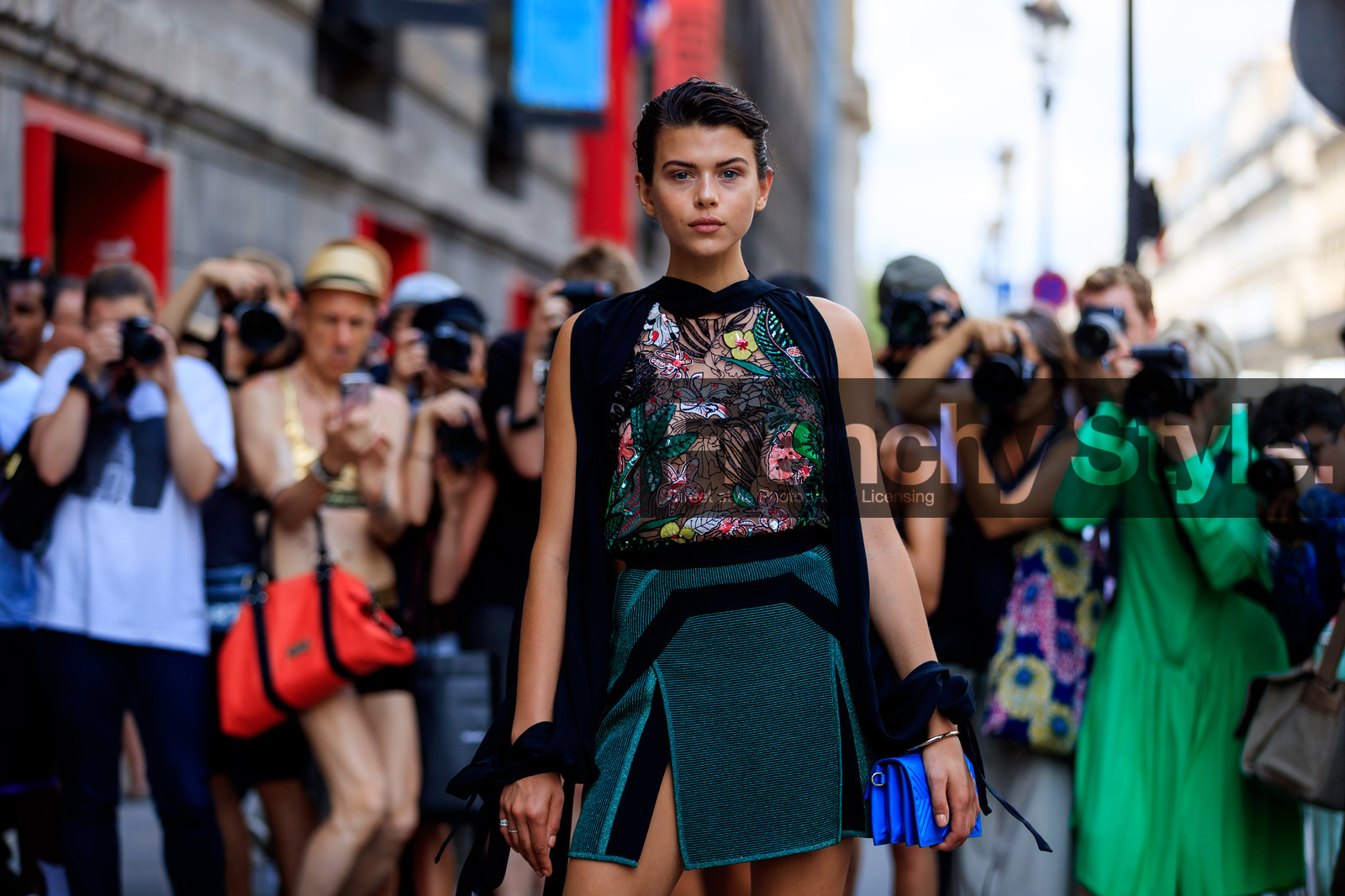 blue bag, embroideries, floral, flowers, graphic dress, green dress, leather bag, printed dress, see through, PFW, fashion week, frenchystyle, FW, jonathan paciullo, street style, PARIS, horizontal, atmosphere details, detail, model, AUTUMN WINTER 2018-2019, FALL WINTER 2018-2019, FW 18-19