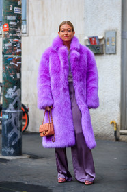 chanel handbag, emili sindlev, Fur coat, leather bag, leather shoes, pink bag, purple coat, purple fur, purple pants, salmon, trousers, MILAN, MFW, fashion week, frenchystyle, FW, jonathan paciullo, street style, AUTUMN WINTER 2019-2020, AW 19-20, FALL WINTER 2019-2020, FW 19-20, vertical, full length