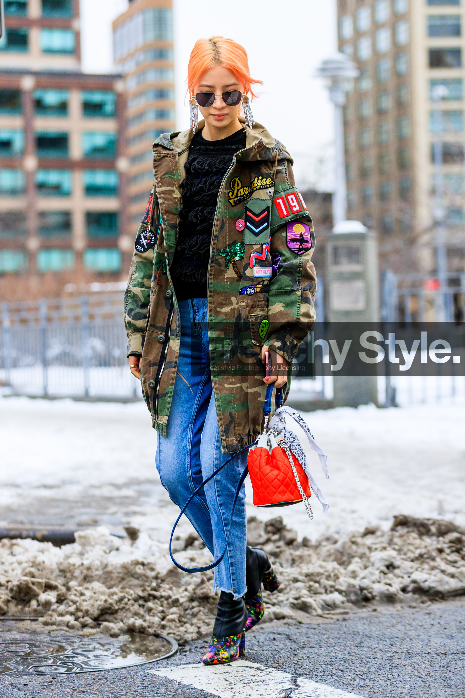 AUTUMN WINTER 2017-2018, AW 17-18, bandana, black boots, black sweater, blue denim, camo jacket, camouflage, chanel handbag, denim pants, dyed hair, embroidered jacket, embroidered shoes, FALL WINTER 2017-2018, fashion week, frenchystyle, full length, FW, FW 17-18, green jacket, high heels, irene kim, jeans, jonathan paciullo, leather bag, leather boots, NEW YORK, NYFW, parka, printed jacket, red bag, street style, sunglasses, trousers, vertical