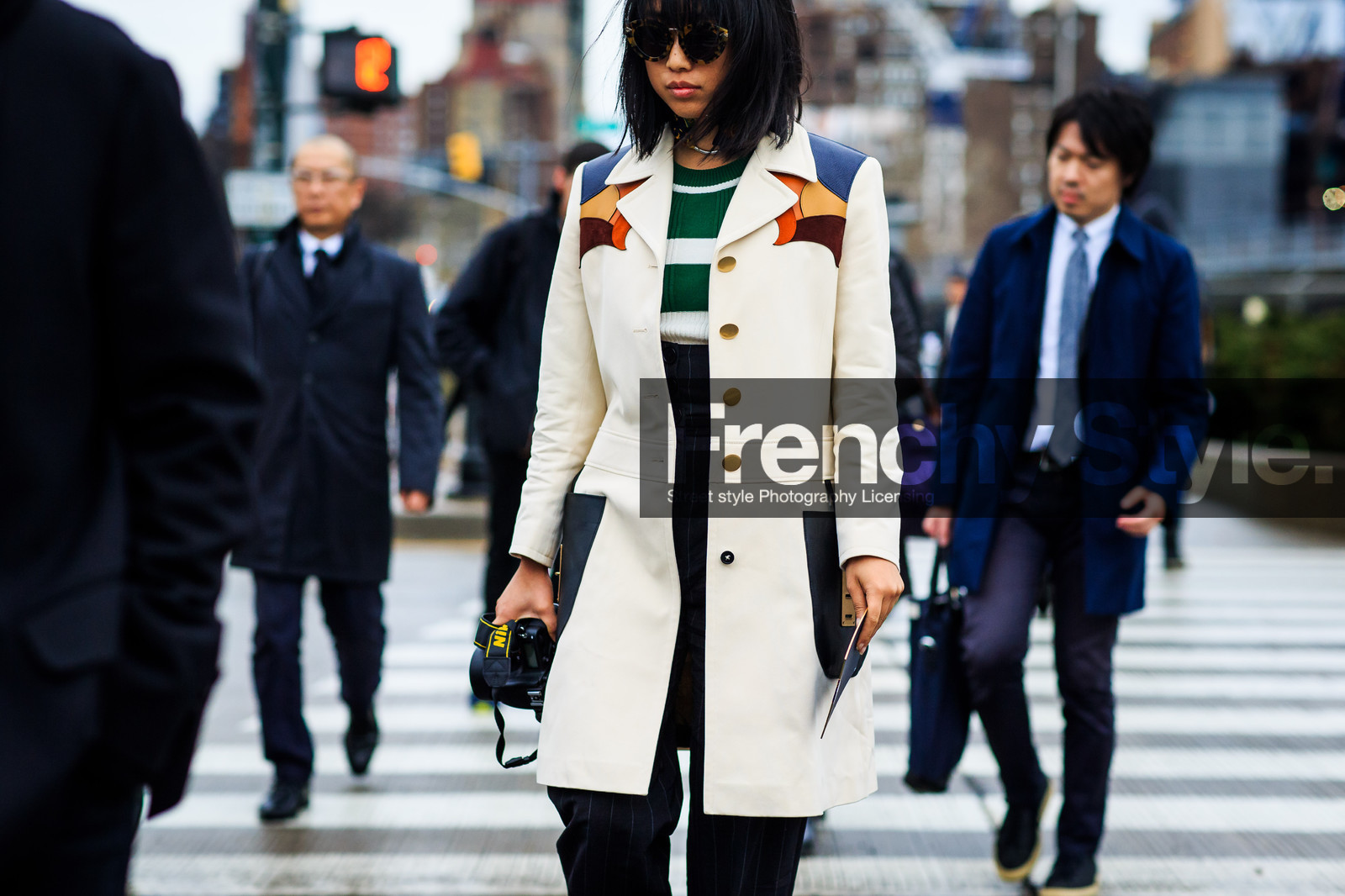 atmosphere details, AUTUMN WINTER 2016-2017, AW 16-17, beige coat, black mules, camera, chocker, detail, embroidered coat, fashion week, frenchystyle, FW, FW 16-17, golden heel, high heels, high waist, horizontal, jonathan paciullo, leather coat, leather shoes, margaret, navy pants, NEW YORK, NYFW, street style, striped pants, sunglasses, trousers, woman, zhang