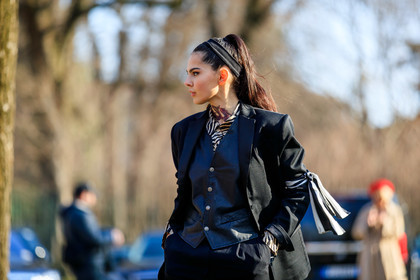 black and white, black jacket, black pants, black top, blazer, doina ciobanu, headband, leather top, ponytail, printed scarf, tone on tone, total look black, trousers, MILAN, MFW, fashion week, frenchystyle, FW, jonathan paciullo, street style, AUTUMN WINTER 2019-2020, AW 19-20, FALL WINTER 2019-2020, FW 19-20, atmosphere details, detail, horizontal
