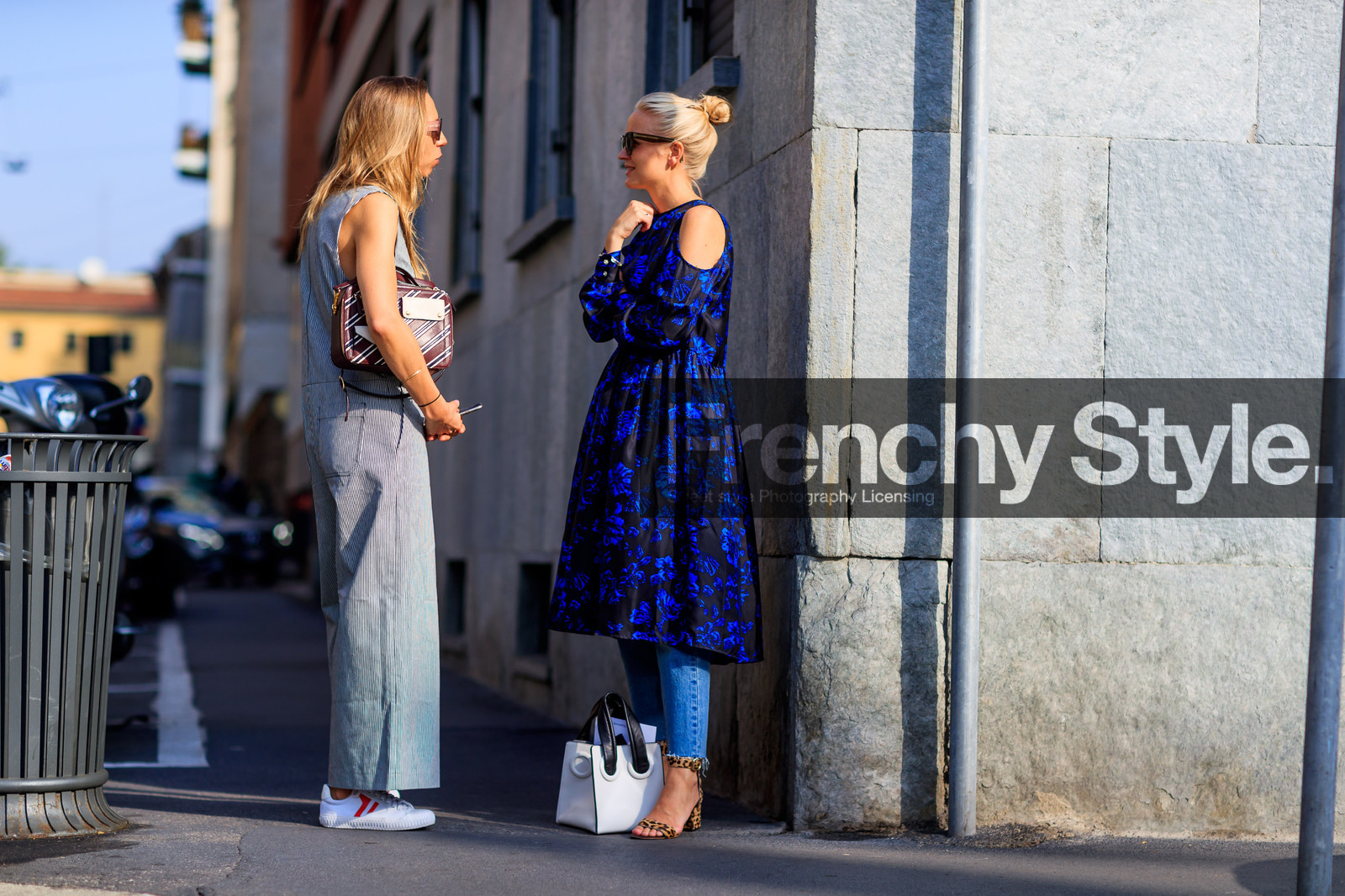 atmosphere details, black and white bag, blue denim, blue dress, brown shoes, cold shoulder, denim pants, fashion week, frenchystyle, full length, FW, graphic bag, grey jumpsuit, high heels, horizontal, jeans, jonathan paciullo, leather bag, leather shoes, leopard print, MFW, MILAN, printed bag, printed dress, SPRING SUMMER 2018, SS 18, street style, striped bag, sunglasses, trousers, white sneakers