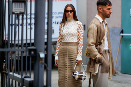 alice & j.s, alice barbier, JS roques, monogrammed bag, beige skirt, beige total look, brown leather bag, fendi bag, futurist shape sunglasses, high collar top, long sleeves top, mid long skirt, openwork skirt, openwork top, scale sunglasses, white leather bag, white top, fendi boots, fendi shirt, fendi skirt, fendi top, fendi look, fashion week, frenchystyle, FW, jonathan paciullo, street style, MFW, MILAN, SPRING SUMMER 2020, SS 20