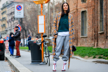 beige coat, burberry, checked, emerald, graphic jacket, green sweater, grey pants, high heels, leather shoes, plaid, printed jacket, red shoes, sweatpants, tartan, trousers, white socks, fashion week, frenchystyle, FW, jonathan paciullo, street style, MFW, MILAN, AUTUMN WINTER 2018-2019, FALL WINTER 2018-2019, FW 18-19, horizontal, atmosphere details, full length, gilda ambrosio