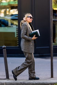 black mocassins, black sunglasses, black top, blazer, check, flare pants, gold necklace, grey blazer, grey pants, grey suit, pants, printed blazer, printed pants, suit, sunglasses, tartan blazer, tartan pants, tartan print, street style, jonathan paciullo, FW, frenchystyle, fashion week, PFW, PARIS, SPRING SUMMER 2022, SS 22, vertical, full length