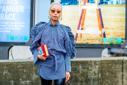 atmosphere details, AUTUMN WINTER 2017-2018, AW 17-18, black pants, checked shirt, detail, FALL WINTER 2017-2018, fashion week, frenchystyle, FW, FW 17-18, gingham, graphic shirt, horizontal, jonathan paciullo, leather bag, leather pants, olympia le tan, PARIS, PFW, printed bag, printed shirt, red bag, street style, sunglasses, trousers, vanessa hong