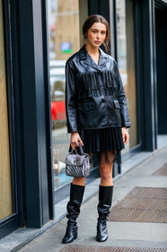 black jacket, black shoes, black skirt, fringes, high boots, high heels, leather bag, leather jacket, leather shoes, leather skirt, mary leest, pleated skirt, shiny bag, silver bag, tulle, MILAN, MFW, fashion week, frenchystyle, FW, jonathan paciullo, street style, AUTUMN WINTER 2019-2020, AW 19-20, FALL WINTER 2019-2020, FW 19-20, vertical, full length