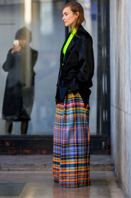 black jacket, black shoes, blazer, checked, geometric, graphic skirt, green sweater, leather bag, leather shoes, model, multicolor pants, neon, plaid, printed skirt, striped pants, wide pants, PARIS, PFW, street style, jonathan paciullo, FW, frenchystyle, fashion week, AUTUMN WINTER 2019-2020, AW 19-20, FALL WINTER 2019-2020, FW 19-20, vertical, full length