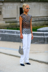 black shoes, céline, earrings, graphic top, high heels, leather bag, leather shoes, metallic bag, metallic top, paco rabanne, shiny bag, silver bag, sunglasses, trousers, vanessa hong, white pants, PARIS, PFW, street style, jonathan paciullo, FW, frenchystyle, fashion week, AUTUMN WINTER 2019-2020, AW 19-20, FALL WINTER 2019-2020, FW 19-20, vertical, full length