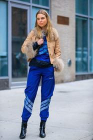 adidas, beige jacket, black shoes, blue pants, blue top, fur collar, graphic pants, high heels, leather jacket, leather shoes, printed pants, shearling, sweatpants, trousers, street style, jonathan paciullo, FW, frenchystyle, fashion week, NYFW, NEW YORK, AUTUMN WINTER 2018-2019, AW 18-19, FALL WINTER 2018-2019, FW 18-19, vertical, full length, laura maria wulff