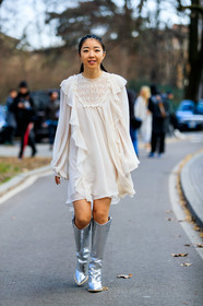 braids, high boots, high heels, lace dress, leather shoes, ruffles, shiny boots, silver shoes, white dress, yuwei zhangzou, MILAN, MFW, fashion week, frenchystyle, FW, jonathan paciullo, street style, AUTUMN WINTER 2019-2020, AW 19-20, FALL WINTER 2019-2020, FW 19-20, vertical, full length