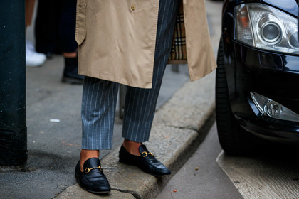 beige coat, black shoes, graphic pants, grey pants, gucci, leather shoes, loafers, printed pants, stripes, tartan, trousers, MILAN, MFW, fashion week, frenchystyle, FW, jonathan paciullo, street style, AUTUMN WINTER 2019-2020, AW 19-20, FALL WINTER 2019-2020, FW 19-20, atmosphere details, detail, horizontal