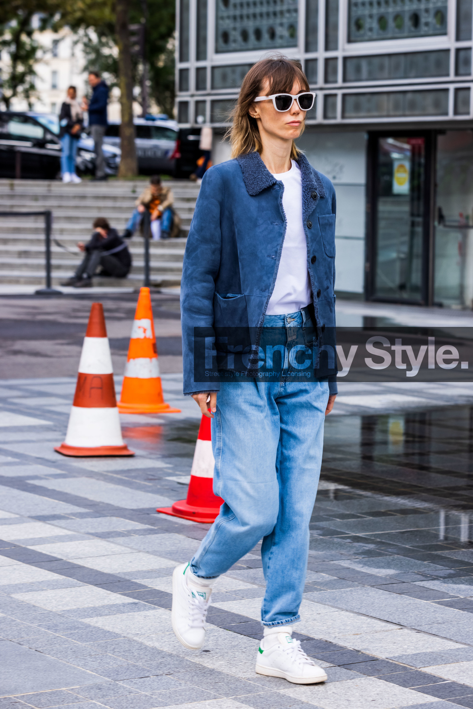 adidas, Anya Ziourova, blue denim, blue jacket, blue jean, denim, jacket, jean, sneakers, suede jacket, sunglasses, t-shirt, white sneakers, white sunglasses, white t-shirt, fashion week, frenchystyle, FW, jonathan paciullo, street style, PFW, PARIS, SPRING SUMMER 2022, SS 22, vertical, full length