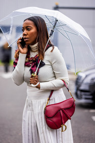 bag, dior bag, leather bag, pleated skirt, printed scarf, red bag, red scarf, ribbed necklace, saddle bag, scarf, skirt, Tiffany Reid, turtleneck, umbrella, white skirt, white turtleneck, fashion week, frenchystyle, FW, jonathan paciullo, street style, PFW, PARIS, SPRING SUMMER 2022, SS 22, vertical, atmosphere details