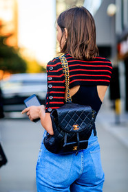 atmosphere details, back detail, black bag, blue denim, chanel, cropped top, denim pants, detail, fashion week, frenchystyle, FW, jeans, jonathan paciullo, leather backpack, leather bag, NEW YORK, NYFW, SPRING SUMMER 2018, SS 18, street style, striped top, trousers, vertical